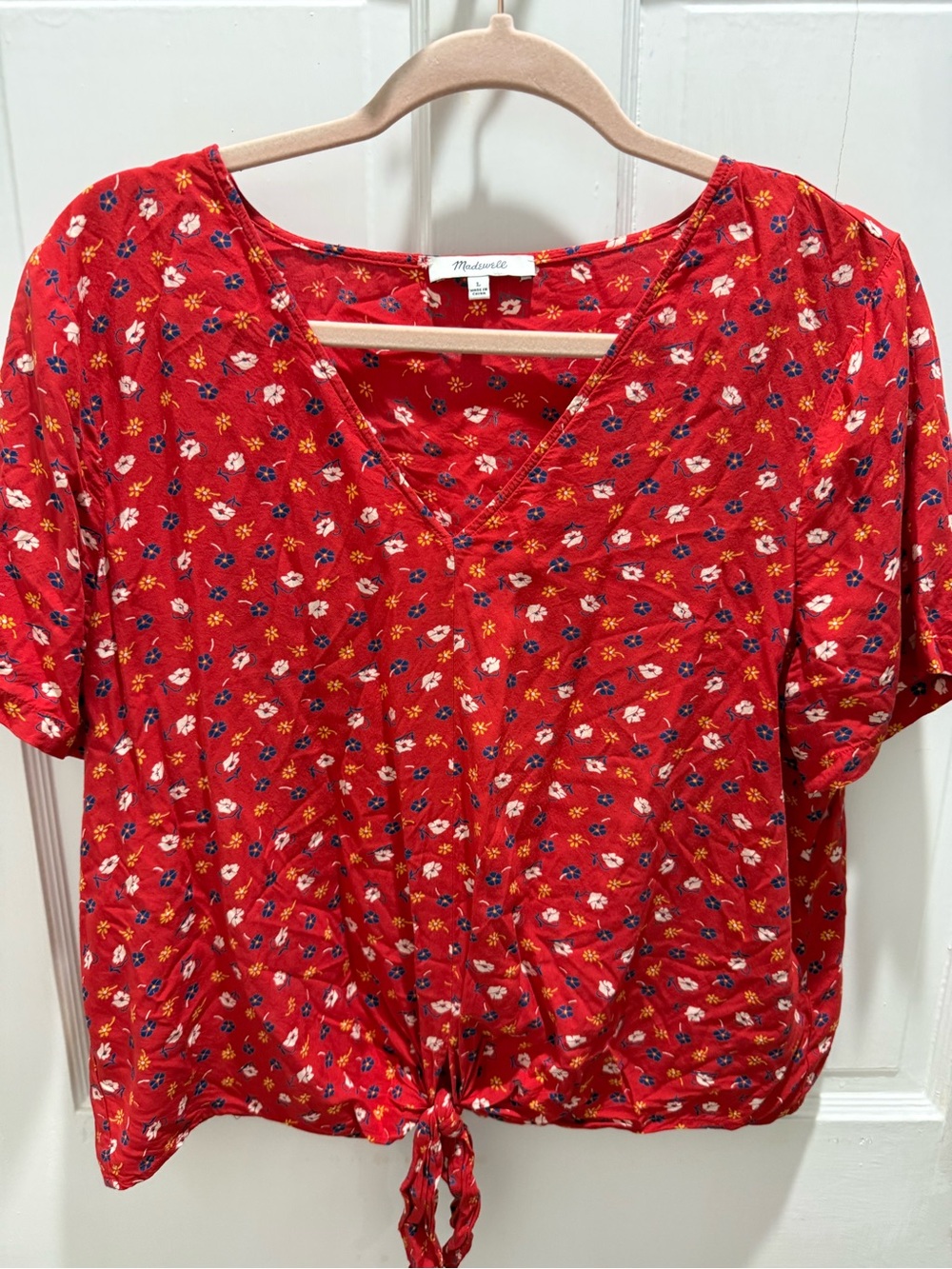 Madewell Red Floral Tie-Hem V-Neck Blouse